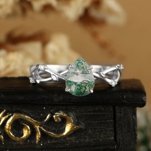 Pear shaped moss agate engagement ring, Vintage moissanite diamond white gold ring, Nature inspired leaf ring, Branch twig twisted band ring