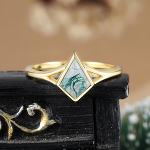 Drachenschliff Moosachat Verlobungsring Solitär Lünette Set Gelbgold Ring Vintage Art-Deco-Spaltring Einzigartige Versprechen Jahrestag Brautring