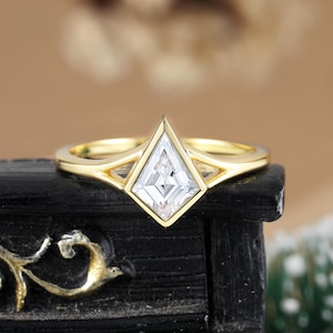 Kite cut moissanite engagement ring Solitaire bezel set yellow gold ring Vintage art deco split ring Promise anniversary bridal ring women