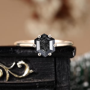 Hexagon cut black rutilated quartz engagement ring Solitaire yellow gold wedding ring Art deco anniversary bridal promise solid gold jewelry