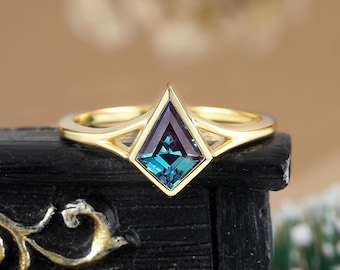 Kite cut lab alexandrite engagement ring, Solitaire bezel set yellow gold ring, Unique art deco split ring, Promise anniversary gift for her