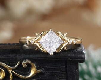 Vintage Moissanite Verlobungsring Gelbgold Verlobungsring Einzigartige Vintage-Frauenring Art-Deco-Diamantcluster Jahrestag Versprechen