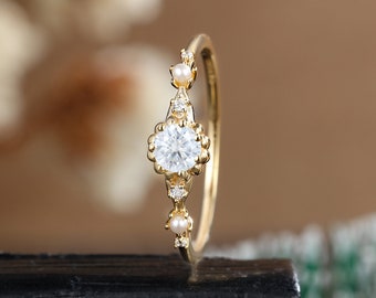 Lab grown diamond engagement ring, unique moissanite pearl yellow gold ring, prong set diamond anniversary ring, promise bridal weding ring