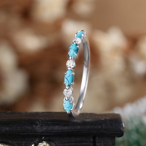 Marquise cut turquoise wedding band white gold, Vintage moissanite diamond anniversary ring, Unique jewelry stacking matching promise ring