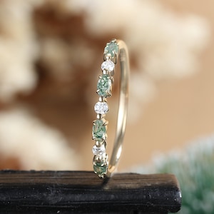 Marquise cut moss agate wedding band Moissanite diamond yellow gold ring Unique stacking matching ring Vintage promise half eternity ring
