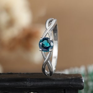 Teal sapphire engagement ring, 14k/18k White gold ring, Solitaire ring, Unique art deco ring, women woven ring, Twisted band, promise gift