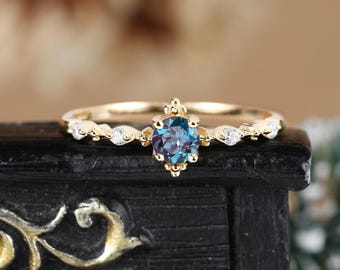 Anillo de compromiso vintage de alejandrita, diamante moissanita antiguo, oro rosa de 14k