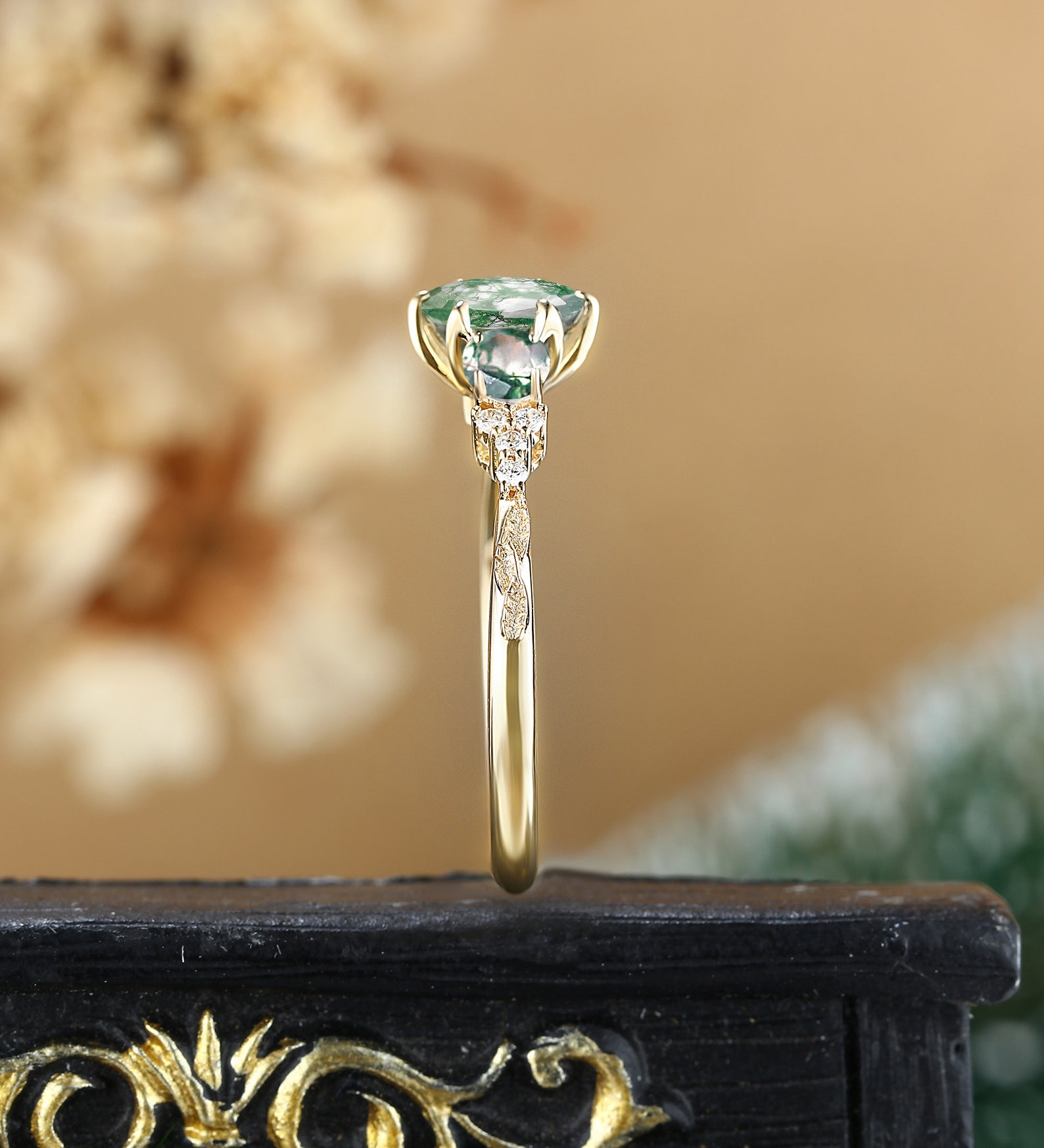 Vintage moss agate engagement ring