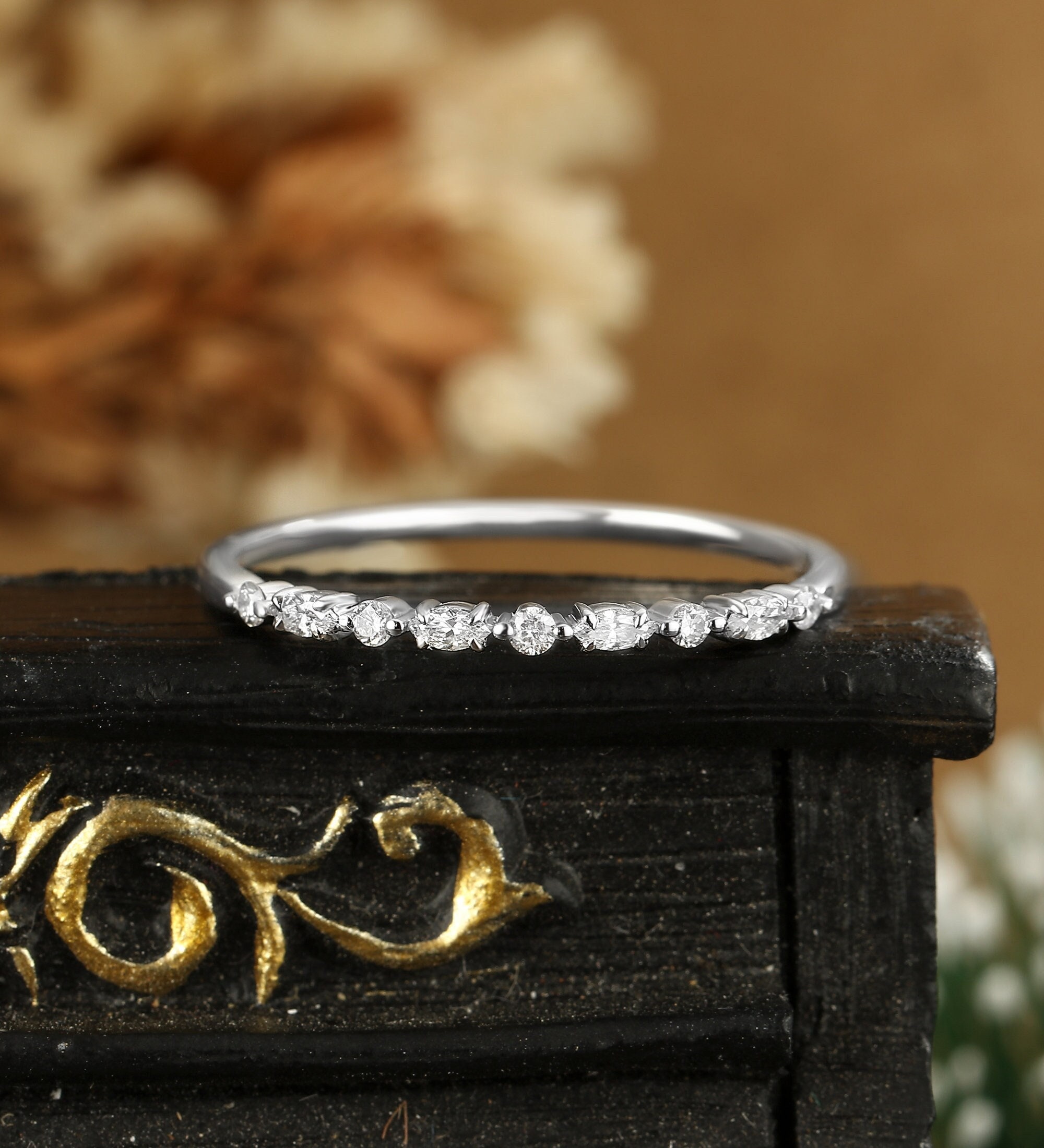Marquise Cut Moissanite Diamond Wedding Band, White Gold Stacking 