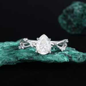 Anello di fidanzamento con moissanite a forma di pera, anello di diamanti a foglia antica vintage, anello unico in oro bianco, anello nuziale unico in stile art déco per anniversario