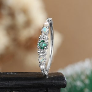 Vintage emerald engagement ring white gold ring Unique opal engagement ring pearl art deco ring women Anniversary promise gift for her