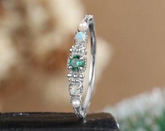 Vintage emerald engagement ring white gold ring Unique opal engagement ring pearl art deco ring women Anniversary promise gift for her