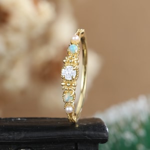 Vintage moissanite engagement ring yellow gold ring Unique opal engagement ring pearl art deco ring women Anniversary promise gift for her