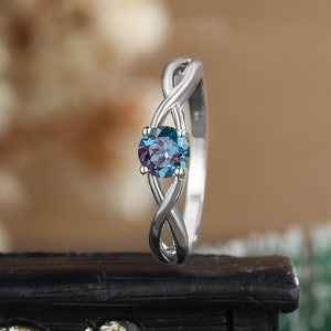 Alexandrite engagement ring, 14k/18k White gold ring, Solitaire ring, Unique art deco ring, women woven ring, Twisted band, promise gift