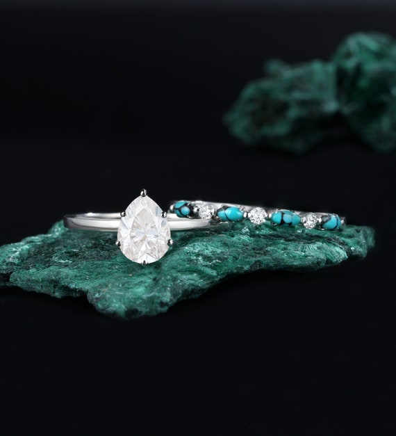 Pear shaped moissanite engagement ring set |white gold Solitaire ring |Prong set promise turquoise wedding ring |Anniversary for her