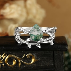 Pear shaped moss agate engagement ring, Moissanite diamond white gold ring, Nature inspired leaf bridal set Branch twig twisted wedding band