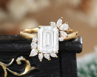 Unique Emerald cut moissanite engagement ring vintage antique moissanite yellow gold diamond unique flower ring art deco anniversary bridal
