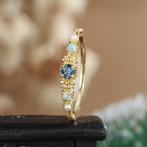 Vintage alexandrite engagement ring yellow gold ring Unique opal engagement ring pearl art deco ring women Anniversary promise gift for her