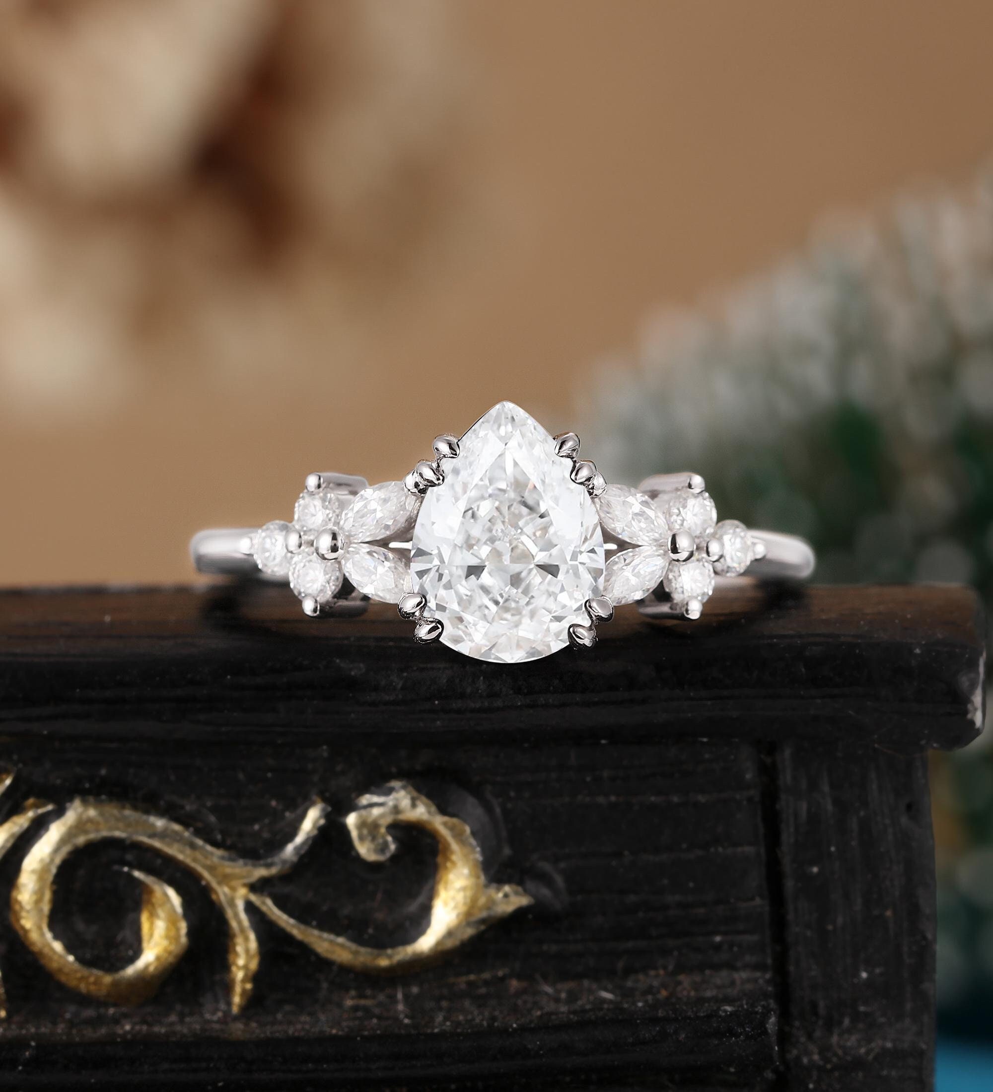 Pear Shaped Lab Grown Diamond Engagement Ring Marquise Moissanite White ...