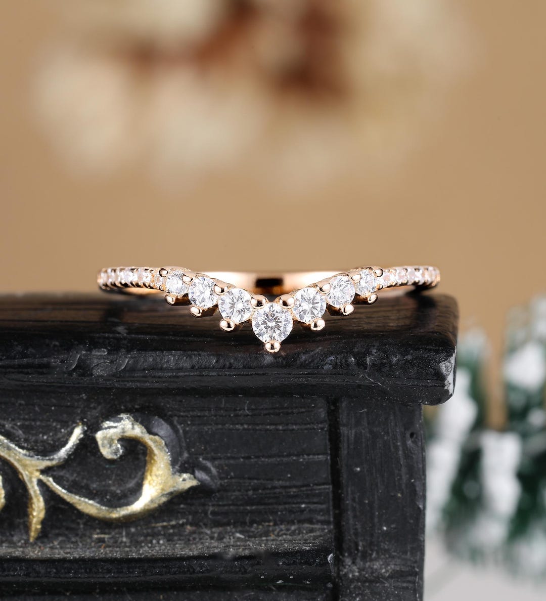 Moissanite Chevron Curved Wedding Band Prong Set Diamond Rose Gold Ring ...