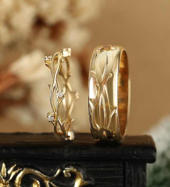 Rose gold wedding ring set, Vintage wedding band his and hers, Nature  inspired branch twig leaf ring, Wide band ring, Stacking matching ring