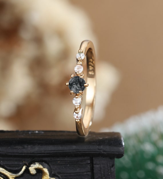 Black Rutilated Quartz Engagement Ring Vintage Moissanite Yellow