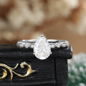 pear shaped moissanite engagement ring antique moissanite unique ring white gold diamond unique art deco anniversary bridal gift for her