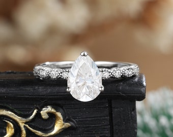 pear shaped moissanite engagement ring antique moissanite unique ring white gold diamond unique art deco anniversary bridal gift for her