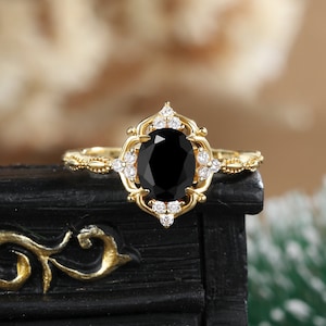 Oval black onyx engagement ring yellow gold Unique halo vintage art deco Diamond vintage ring Anniversary promise ring anniversary for her