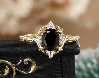 Oval black onyx engagement ring yellow gold Unique halo vintage art deco Diamond vintage ring Anniversary promise ring anniversary for her