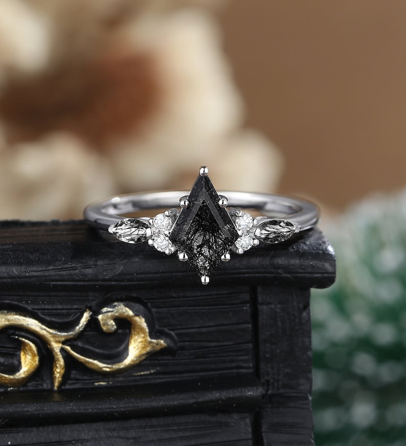 Kite cut black rutilated quartz engagement ring, Moissanite diamond white gold ring