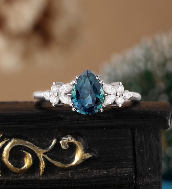 Pear Shaped Teal Sapphire Engagement Ring Alt Marquise Cut