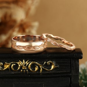 Rose gold wedding ring set, Wedding band his and hers, Vintage nature inspired leaf ring, Promise wide band ring, Stacking matching jewelry