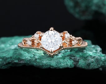 Antique Moissanite engagement ring Rose gold ring Unique vintage crown ring art deco Diamond ring cluster Anniversary promise ring