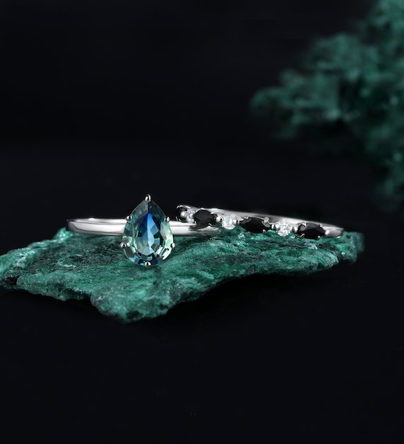 Pear shaped teal sapphire engagement ring set |white gold Solitaire ring |Prong set black onyx ring |Simple wedding Anniversary for her