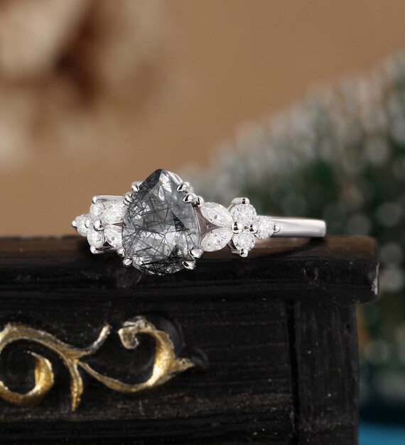 Pear Shaped Black Rutilated Quartz Engagement Ring Alt, Marquise