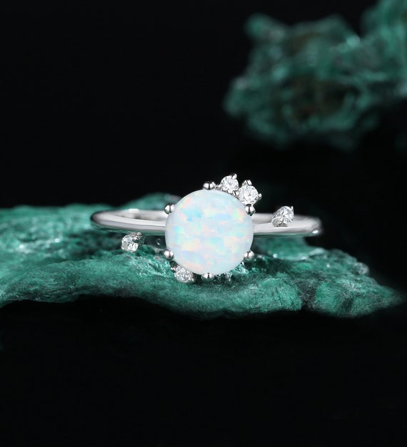 Unique opal engagement ring white gold ring Unique vintage moissanite art deco Diamond ring vintage ring Anniversary promise ring