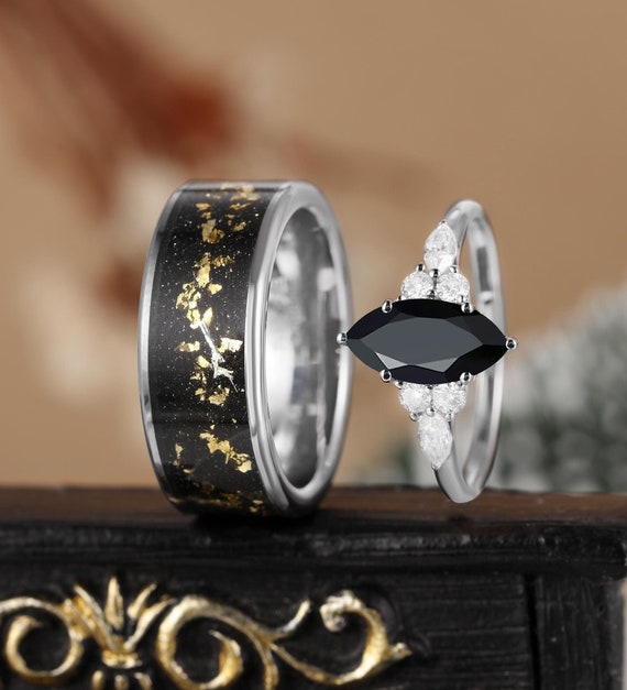 Marquise Cut Black Onyx Bridal Set, Moissanite White Gold