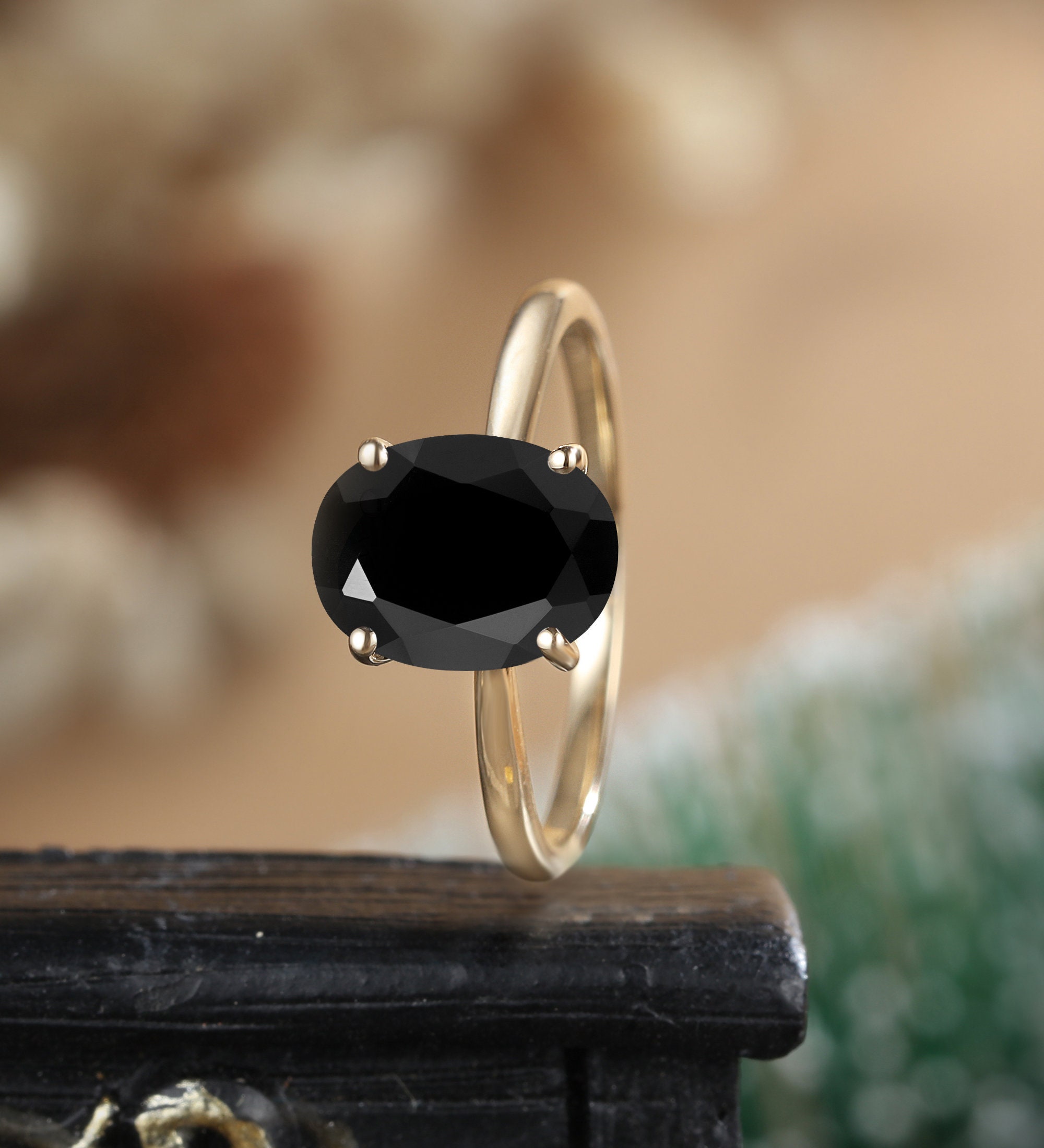 Oval cut black onyx engagement ring Solitaire rose gold wedding ring Unique anniversary promise ring solid gold Single stone prong jewelry