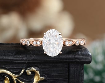 vintage Oval moissanite engagement ring antique moissanite unique ring rose gold diamond unique art deco anniversary bridal gift for her