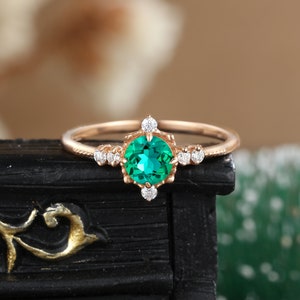 Emerald engagement ring, rose gold ring, Unique halo ring, vintage art deco Diamond vintage ring Anniversary promise anniversary for her