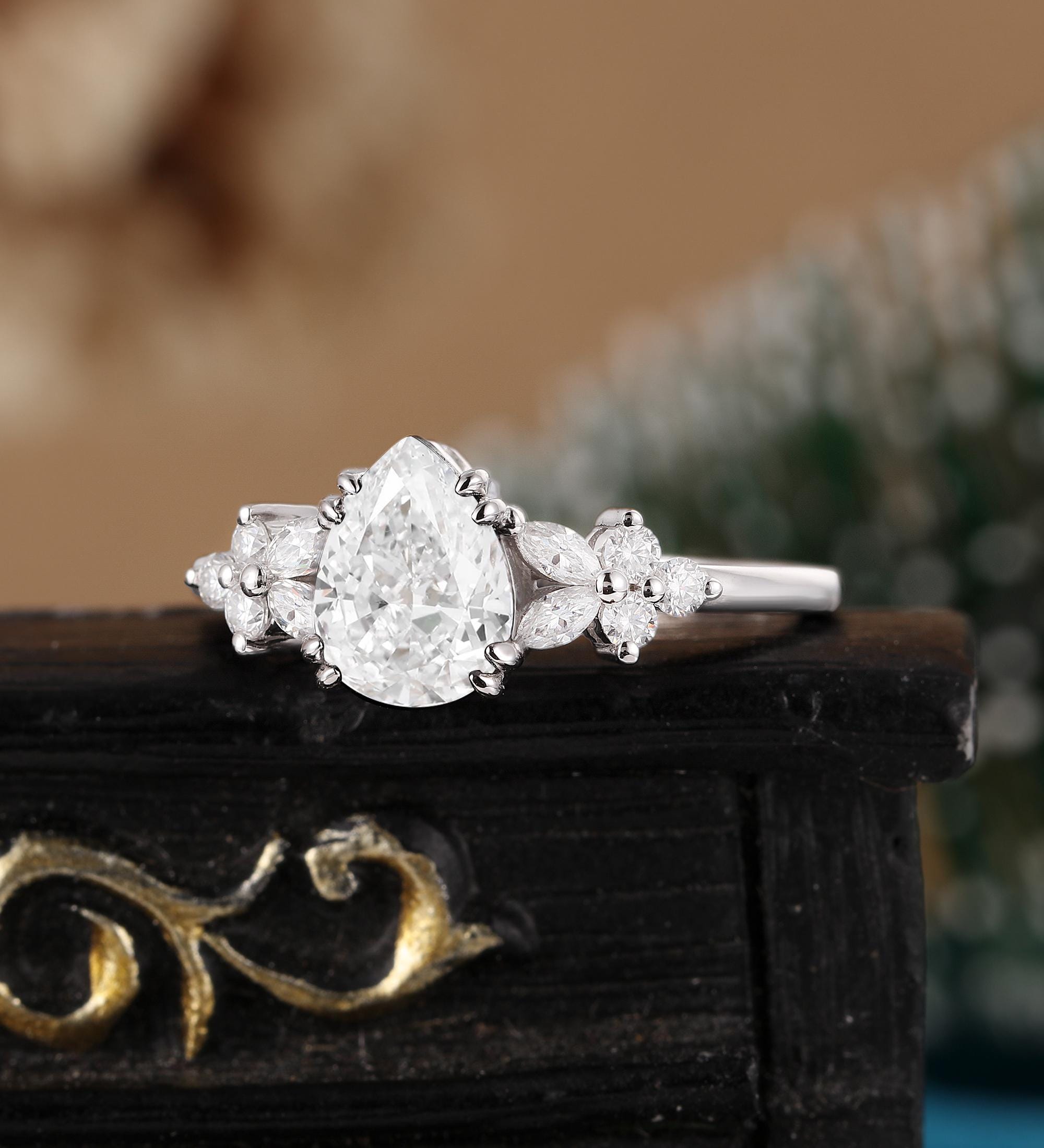 Pear Shaped Lab Grown Diamond Engagement Ring Marquise Moissanite White ...