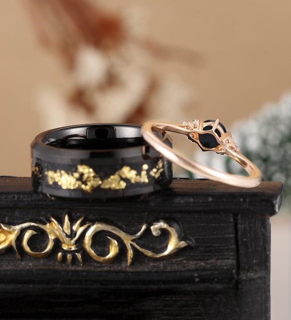 Black Onyx Engagement Ring Alt Bridal Set, Prong Set Moissanite