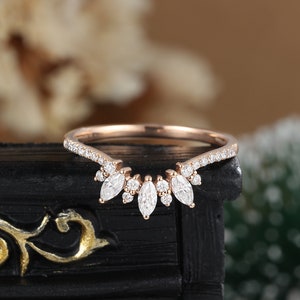 curved Moissanite engagement ring Antique rose gold Unique vintage women art deco marquise cut Diamond cluster Anniversary promise ring