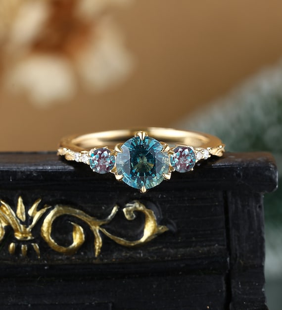 Teal Sapphire Engagement Ring Rose Gold, Vintage Blue Green