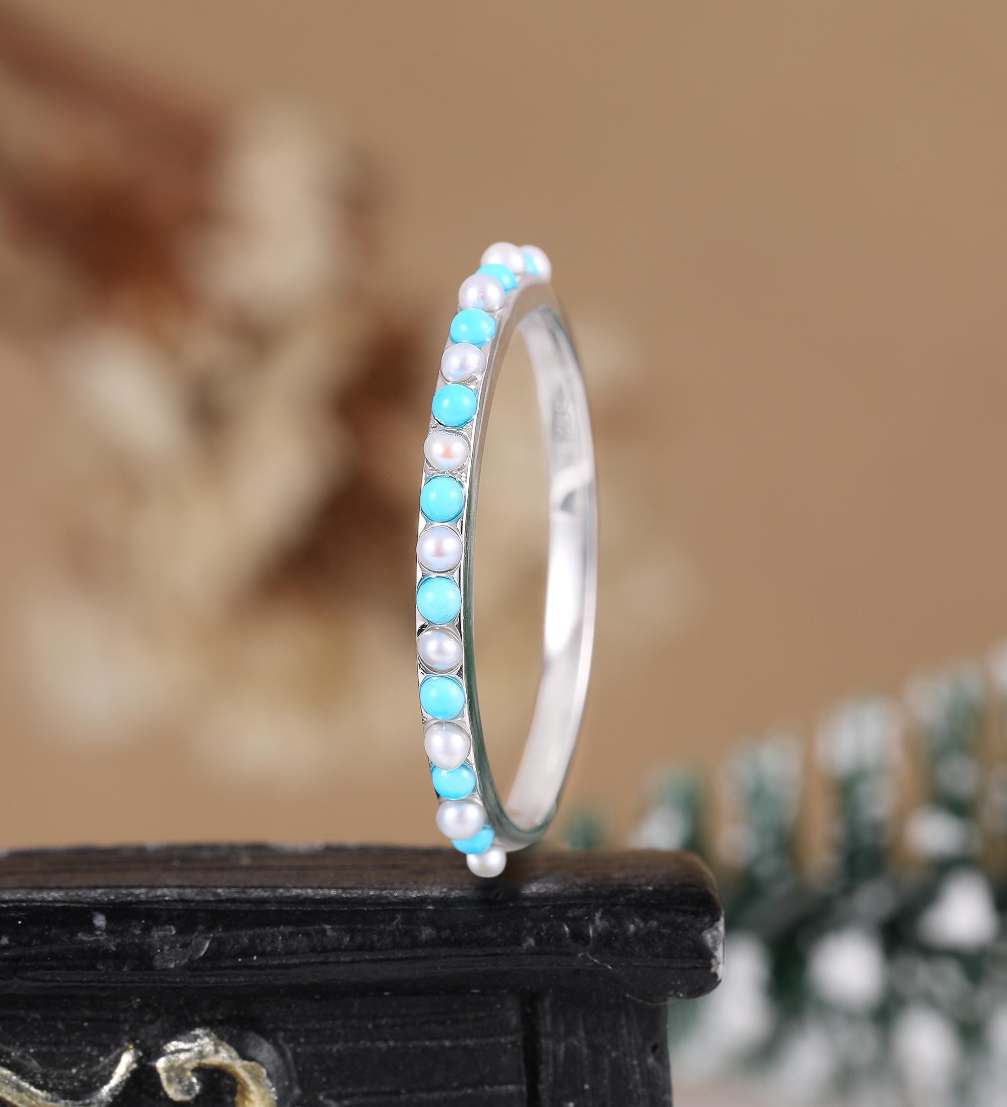 Turquoise wedding band white gold, Half eternity pearl anniversary wedding ring, Unique stacking matching ring, Promise jewelry gift for her