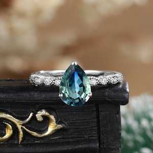 pear shaped teal sapphire engagement ring vintage Rose gold ring Unique vintage art deco Diamond ring Anniversary promise ring anniversary