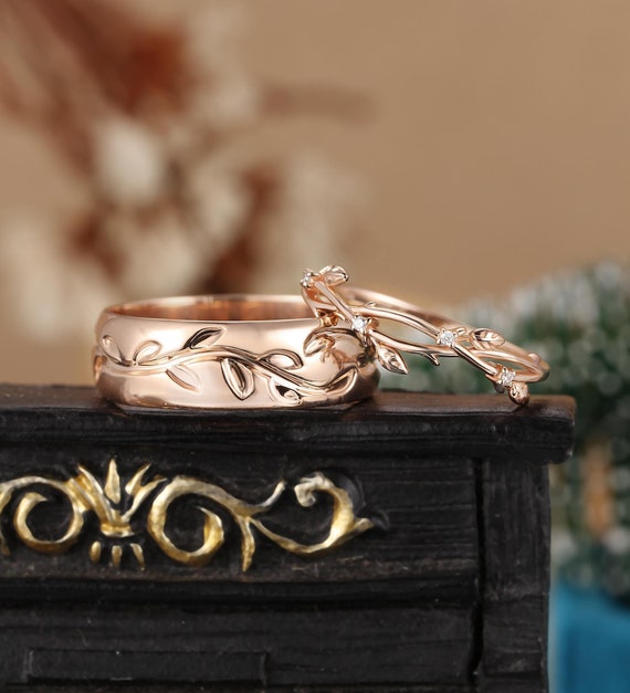 Rose Gold Bridal Set, Moissanite His and Hers Wedding Band, Nature
