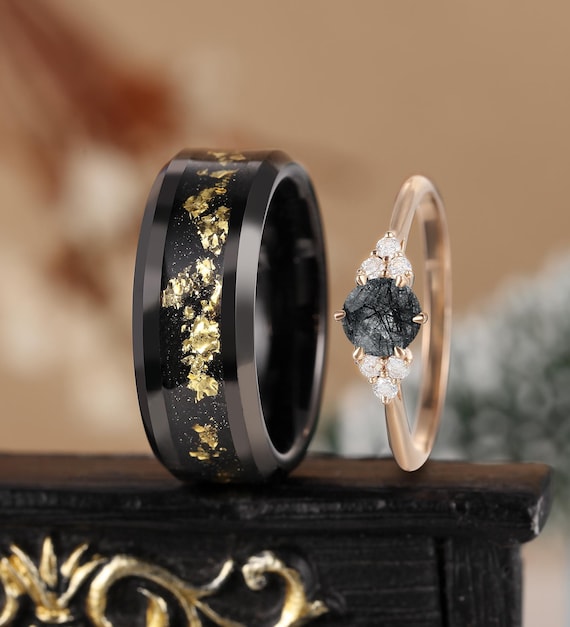 Black Rutilated Quartz Bridal Set Women Moissanite Diamond Cluster