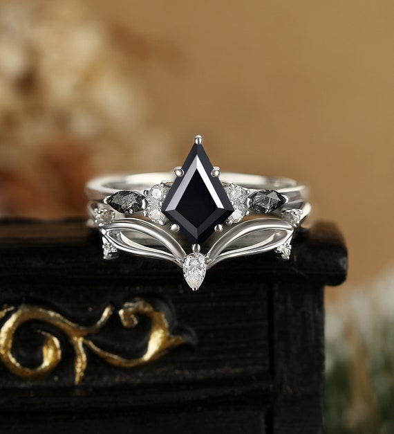 Kite Cut Black Onyx Engagement Ring Set Pear Shaped Moissanite